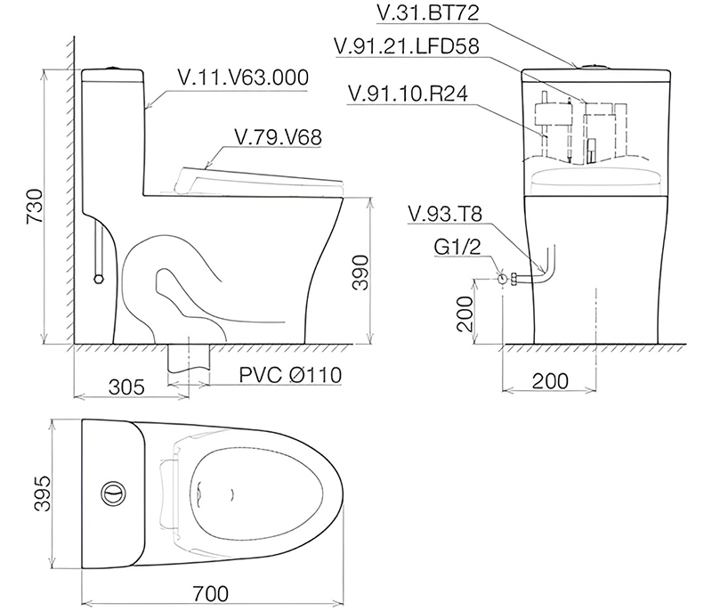 Bản vẽ kỹ thuật bồn cầu Viglacera V63