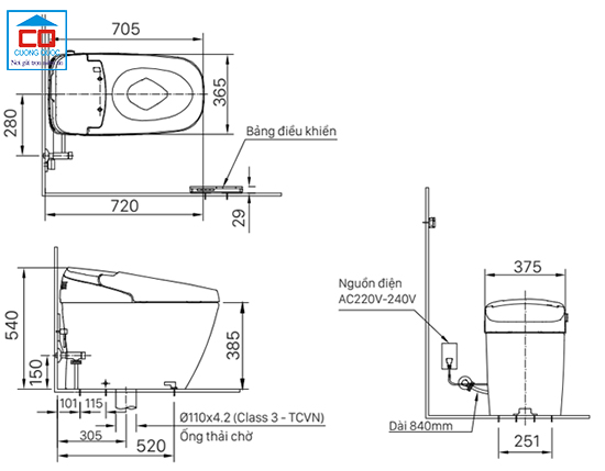 Bản vẽ kỹ thuật của bàn cầu điện tử Inax AC-G216VN/BKG