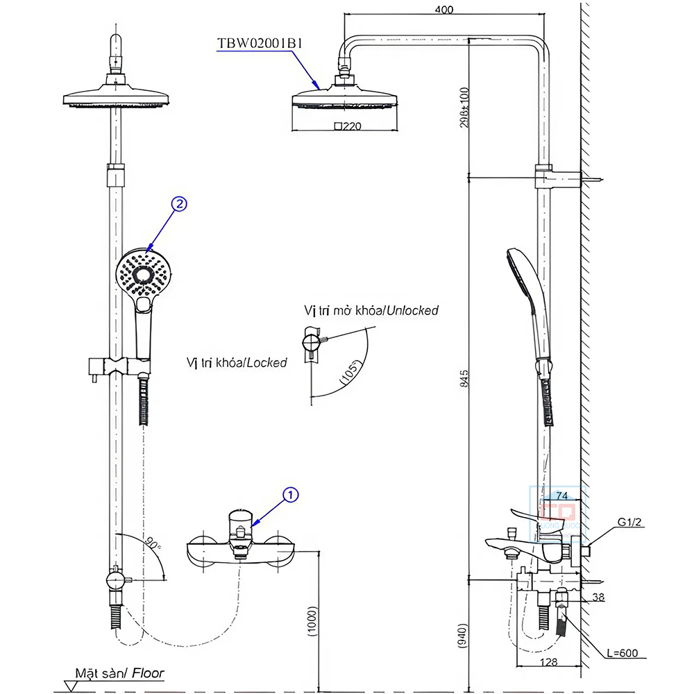 Bản vẽ kỹ thuật sen c&acirc;y TOTO TBW02001BA
