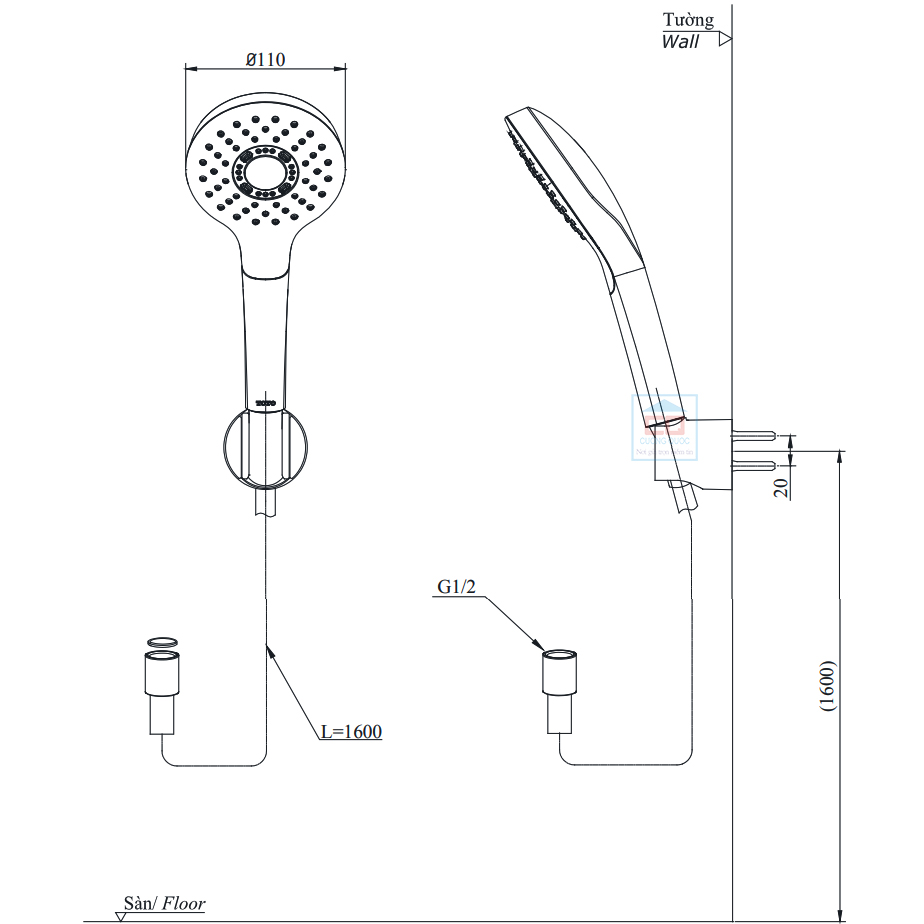 Bản vẽ kỹ thuật tay sen TOTO TBW01008V