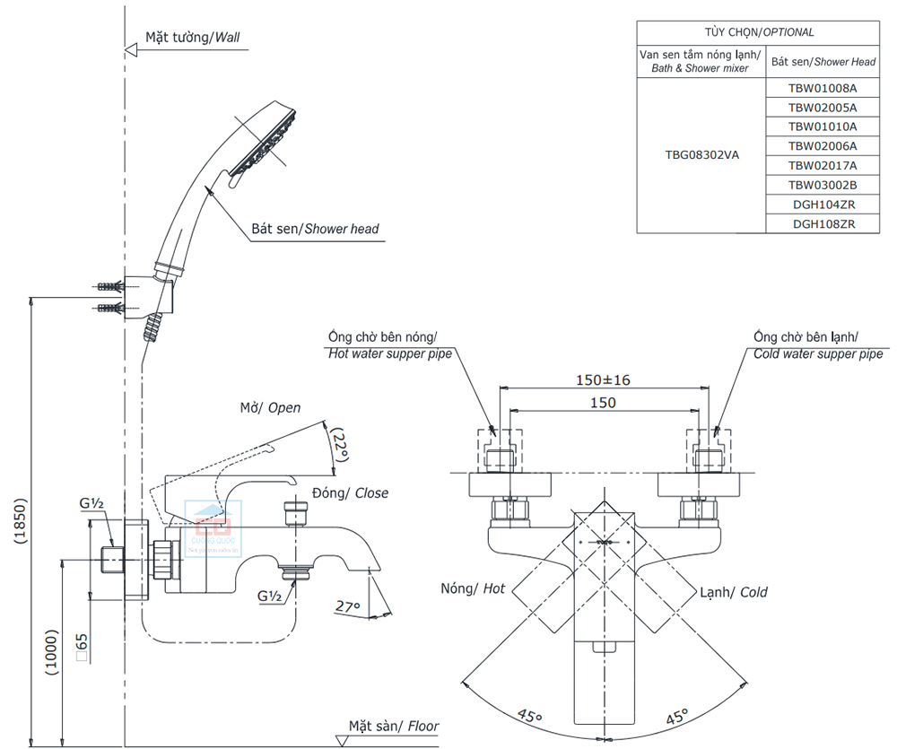 Bản vẽ kỹ thuật van sen TOTO TBG08302VA