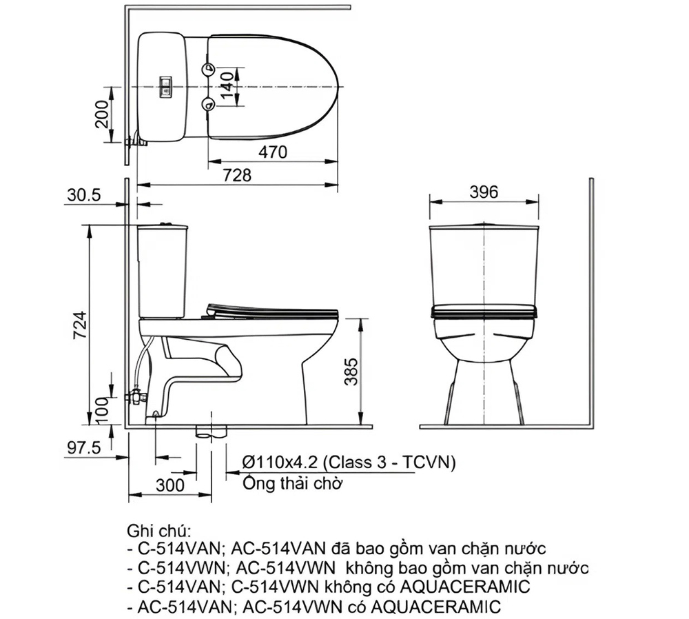 Bản vẽ kỹ thuật bồn cầu Inax C-514VWN