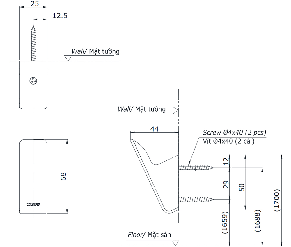 Bản vẽ kỹ thuật móc treo áo TOTO YRH902V