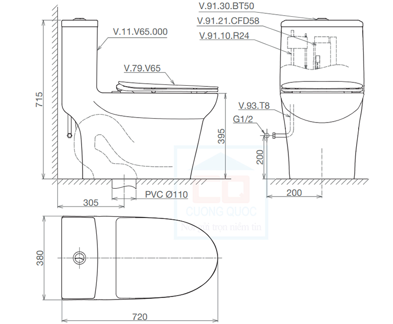 Bản vẽ kỹ thuật bồn cầu Viglacera V65