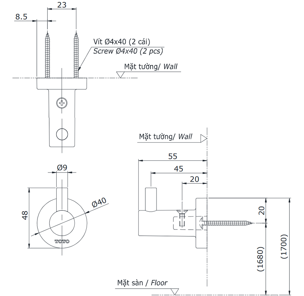 Bản vẽ kỹ thuật m&oacute;c treo &aacute;o TOTO YRH406V