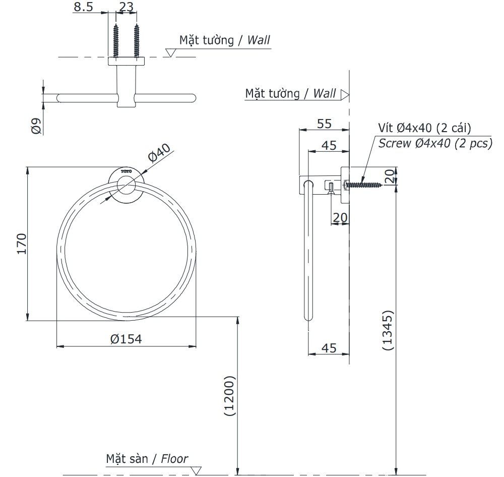 Bản vẽ kỹ thuật v&ograve;ng treo khăn TOTO YTT406V