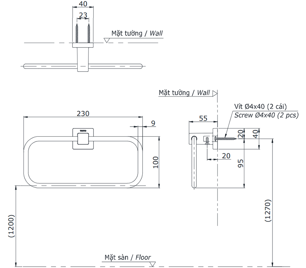 Bản vẽ kỹ thuật v&ograve;ng treo khăn TOTO YTT408V