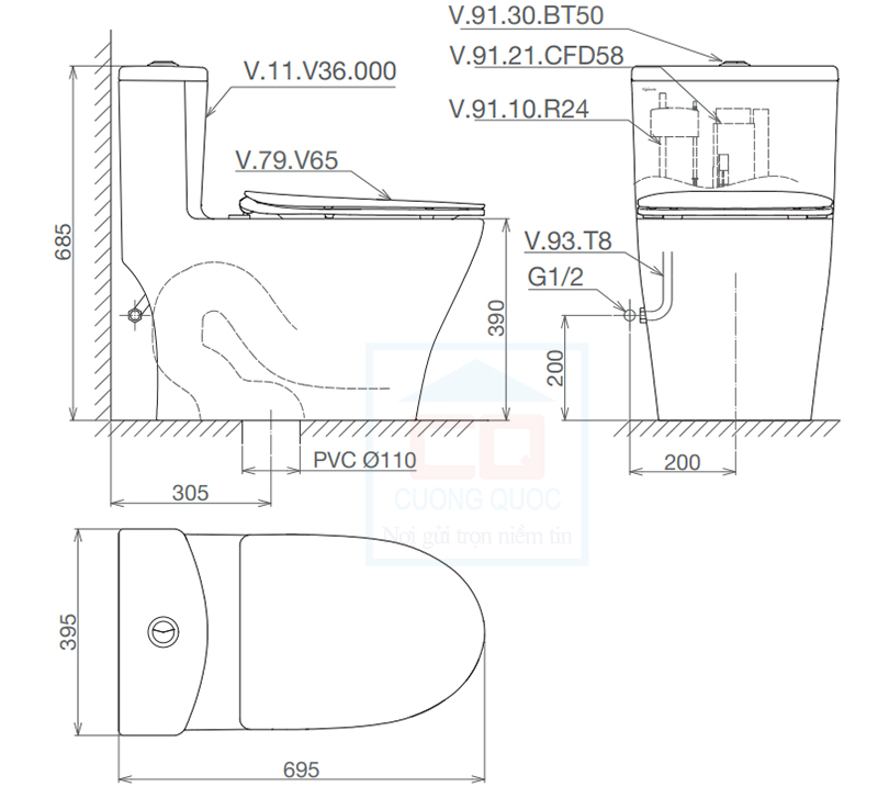 Bản vẽ kỹ thuật b&agrave;n cầu Viglacera V36