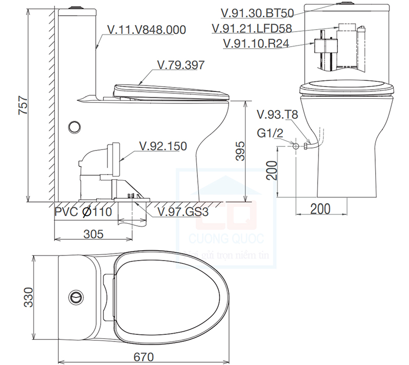 Bản vẽ kỹ thuật bồn cầu Viglacera V848