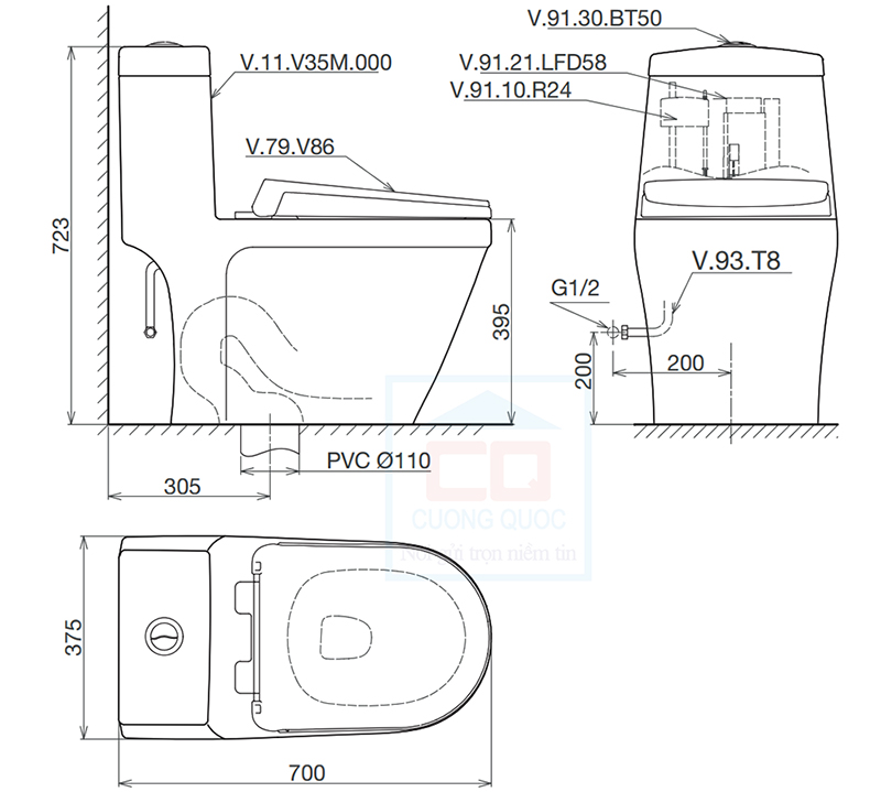 Bản vẽ th&ocirc;ng số b&agrave;n cầu Viglacera V35M