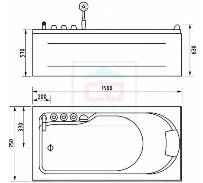 Bản vẽ kỹ thuật bồn tắm Gemy G9006-1.5