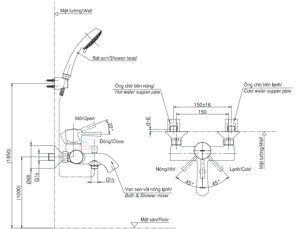 Bản vẽ kỹ thuật sen tắm TOTO TBS02302V/TBW01008A