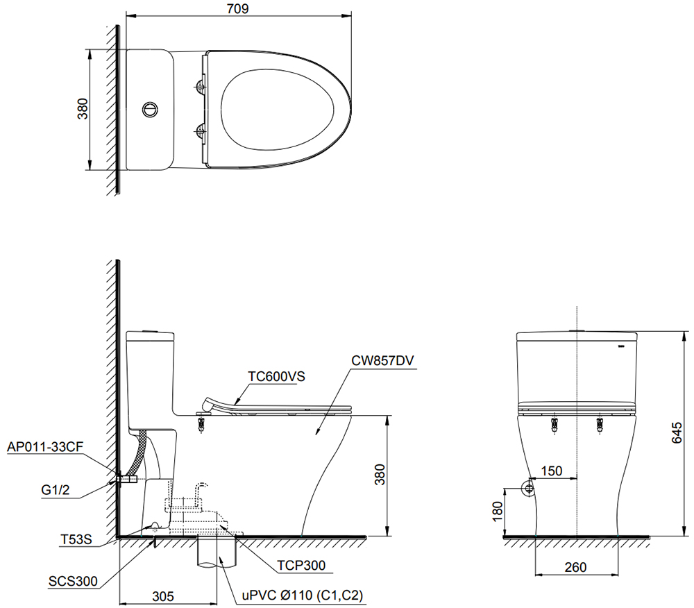 Bản vẽ kỹ thuật bồn cầu TOTO MS857DT8