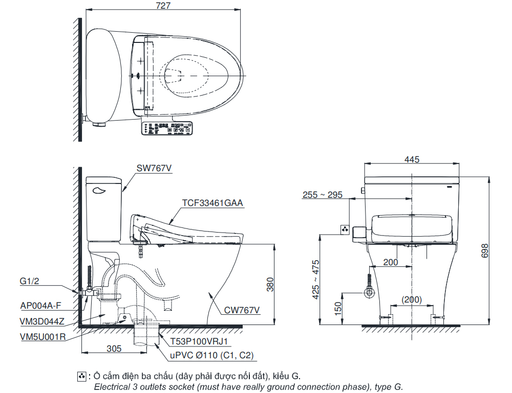 Bản vẽ kỹ thuật bồn cầu TOTO CS767RW24