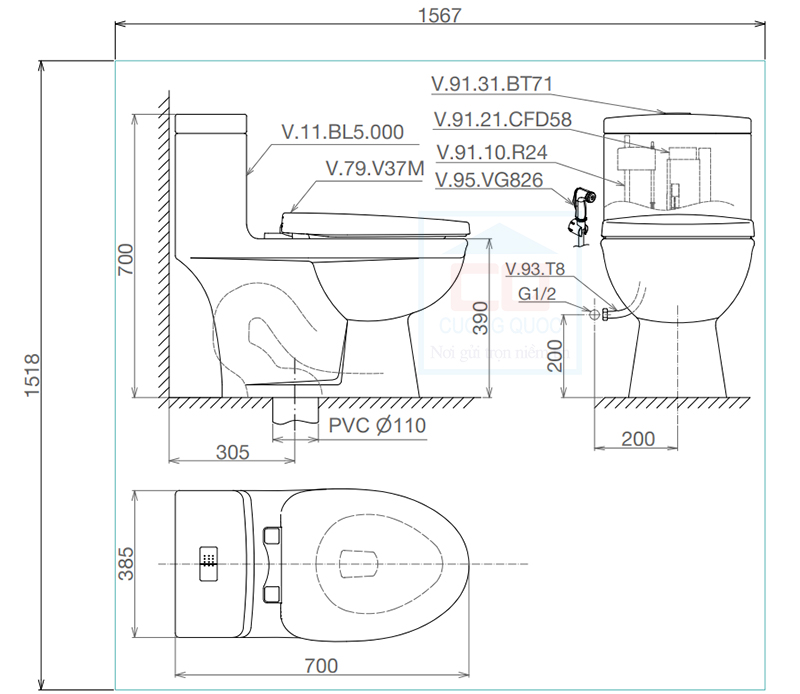 Bản vẽ kỹ thuật bàn cầu Viglacera BL5