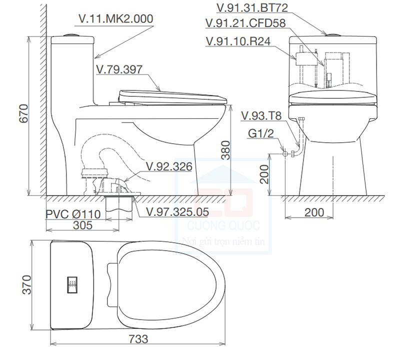 Bản vẽ kỹ thuật b&agrave;n cầu Viglacera MK2