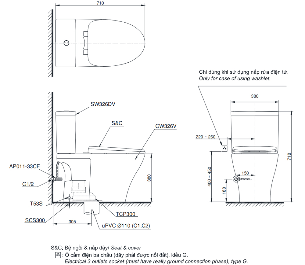 Bản vẽ kỹ thuật bồn cầu TOTO CS326DE2