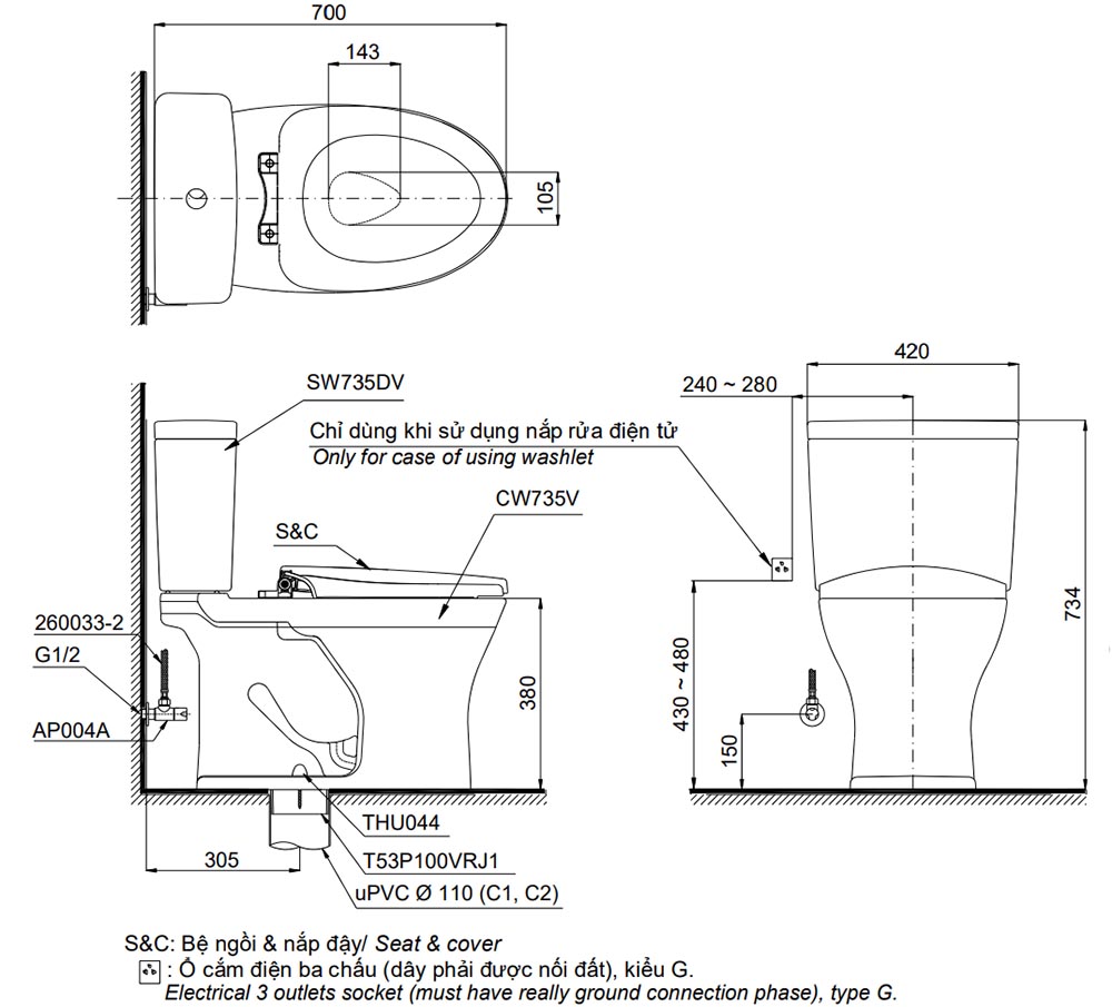 Bản vẽ kỹ thuật bồn cầu TOTO CS735DE4