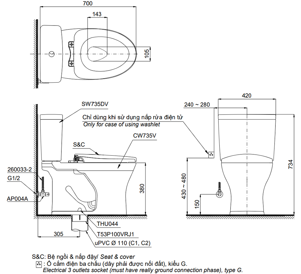 Bản vẽ kỹ thuật bồn cầu TOTO CS735DT3