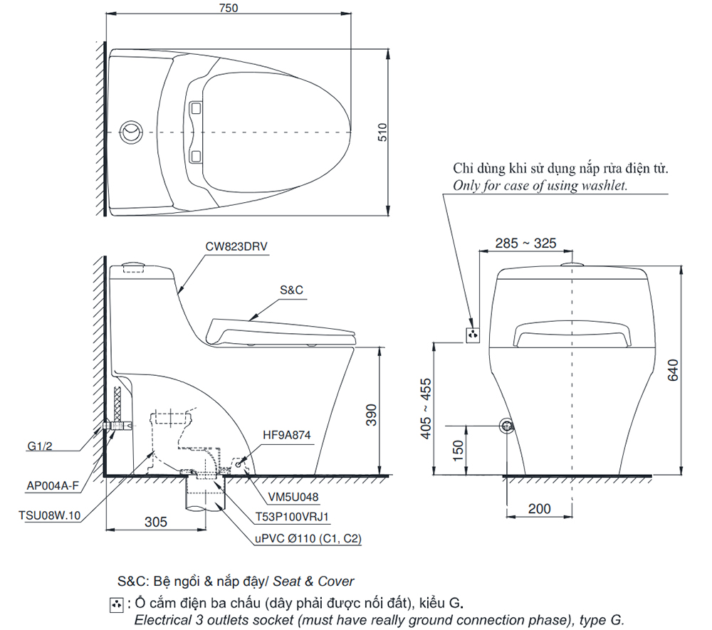 Bản vẽ kỹ thuật bồn cầu TOTO MS823DRE2