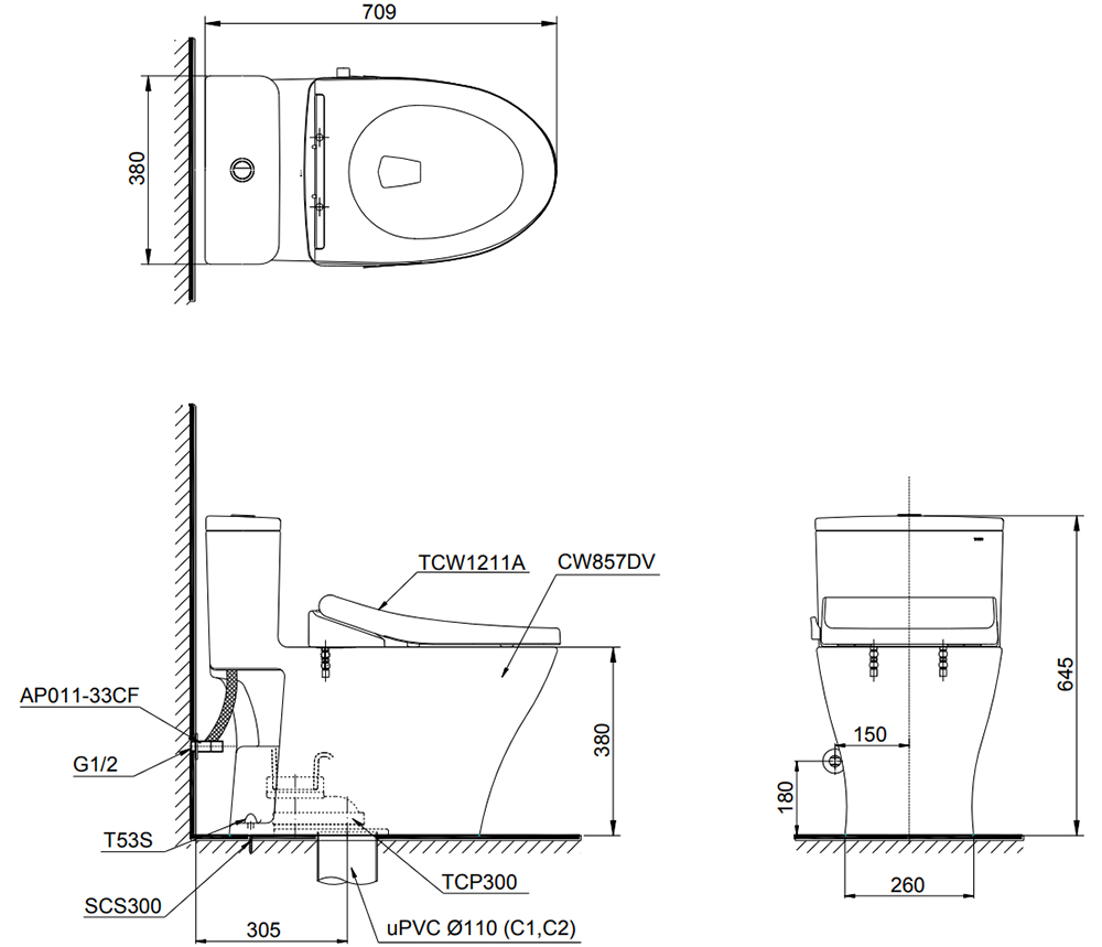 Bản vẽ kỹ thuật bồn cầu TOTO MS857DE4