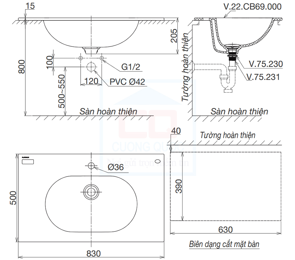 Bản vẽ kỹ thuật chậu lavabo Viglacera CB69