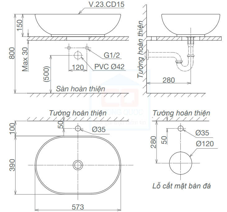 Bản vẽ kỹ thuật lavabo Viglacera CD15
