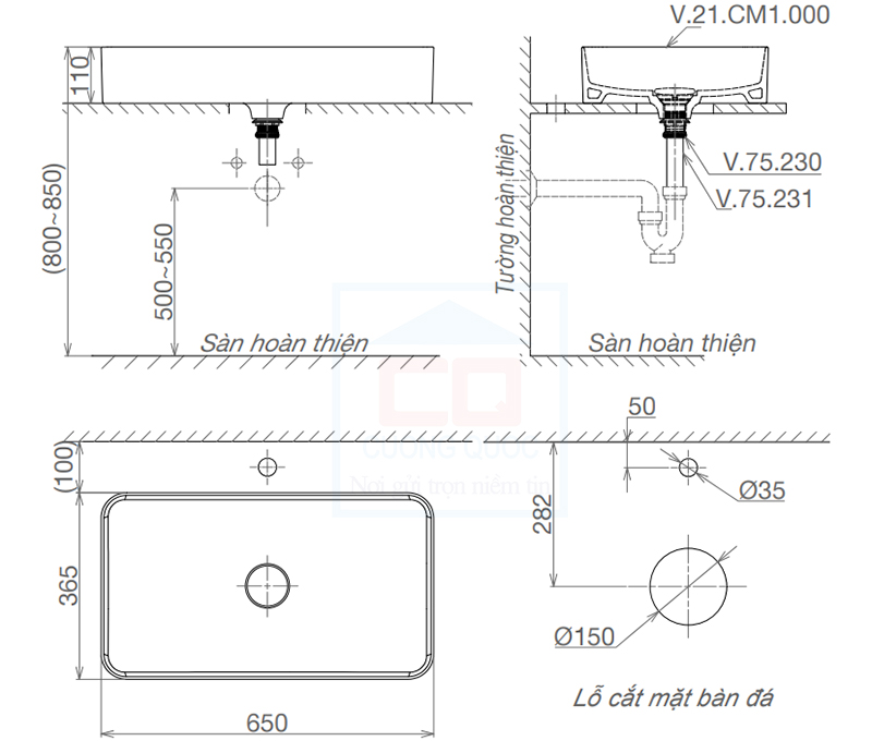 Bản vẽ kỹ thuật lavabo Viglacera CM01