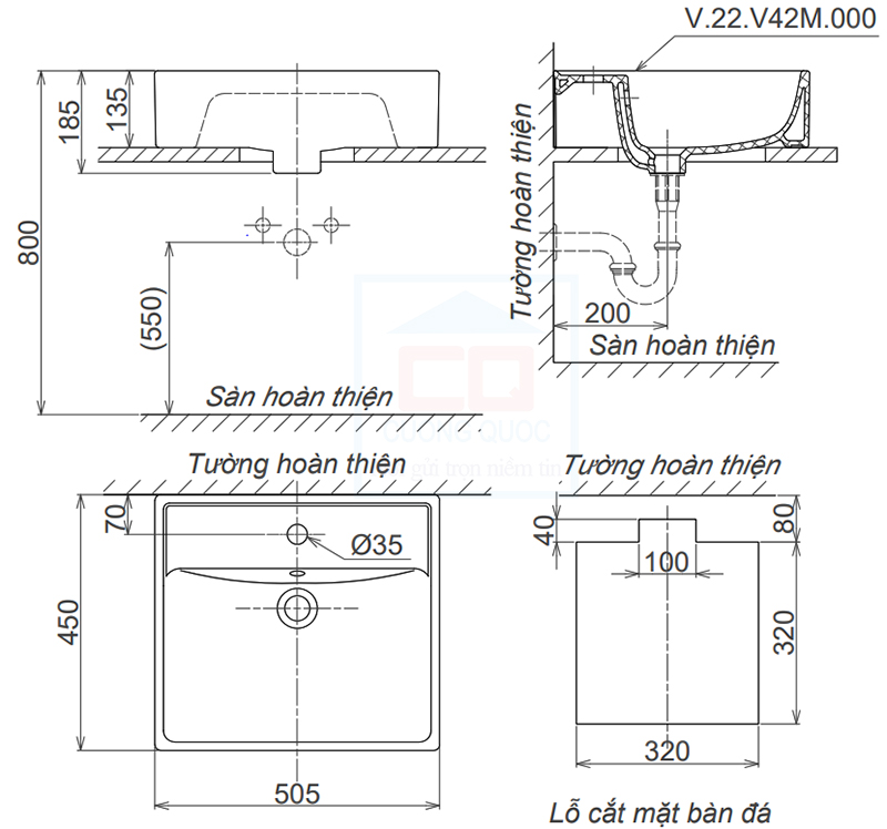 Bản vẽ kỹ thuật lavabo Viglacera V42M