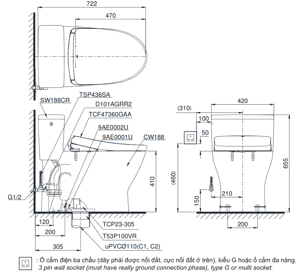 Bản vẽ kỹ thuật bồn cầu TOTO MS188VKW23/T53P100VR