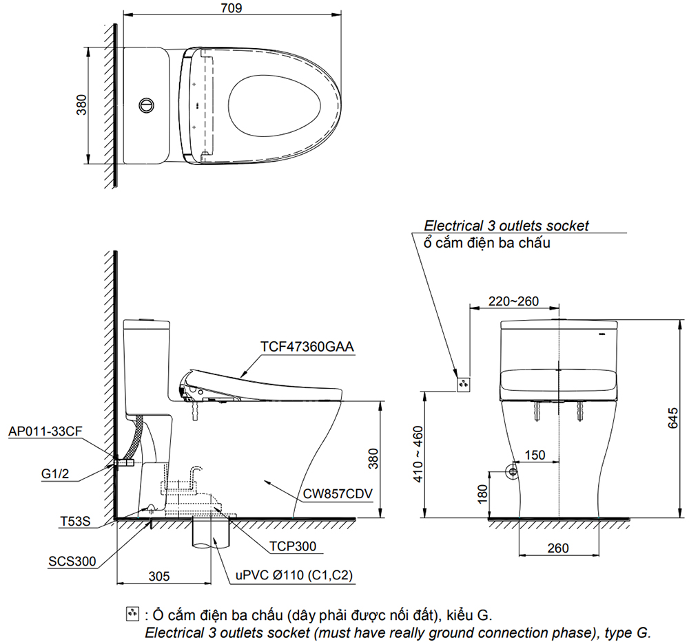 Bản vẽ kỹ thuật bồn cầu TOTO MS857CDW23