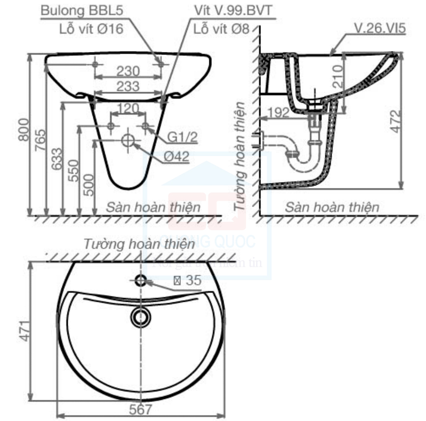 Bản vẽ kỹ thuật lavabo chân lửng Viglacera VI5
