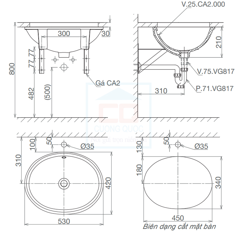 Bản vẽ kỹ thuật lavabo Viglacera CA2