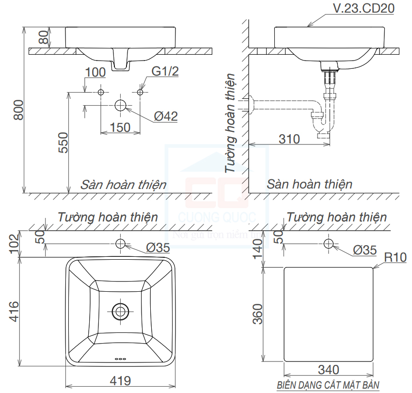 Bản vẽ kỹ thuật lavabo Viglacera CD20