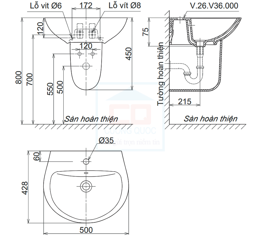 Bản vẽ kỹ thuật lavabo Viglacera V36