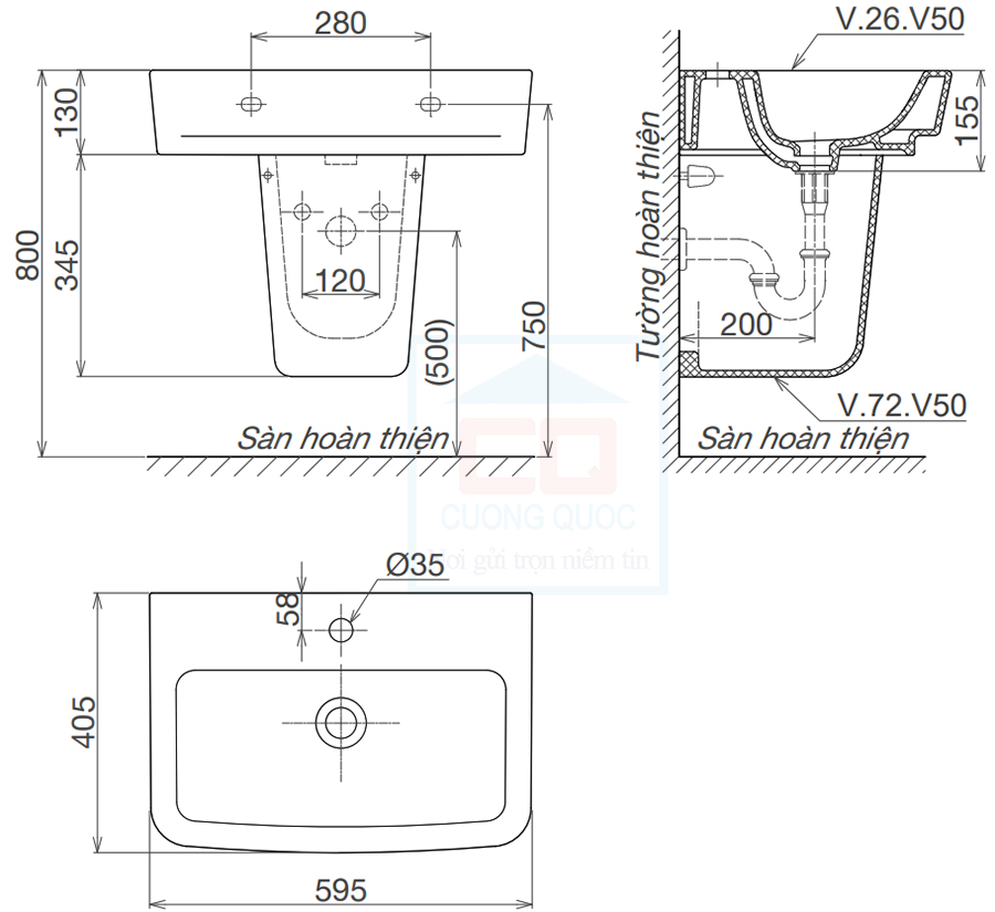 Bản vẽ kỹ thuật lavabo Viglacera V50