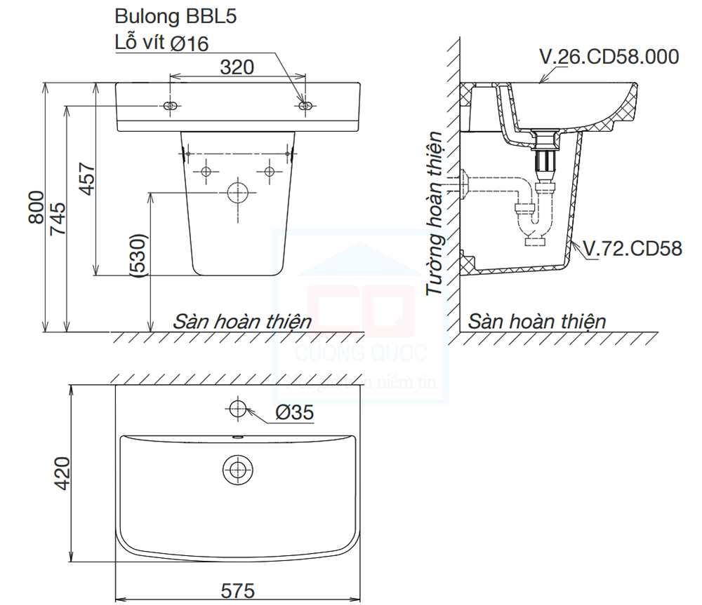 Bản vẽ kỹ thuật lavabo Viglacera V58