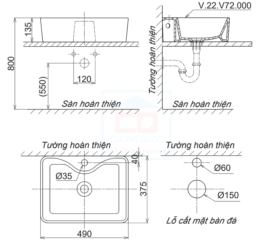 Bản vẽ kỹ thuật lavabo Viglacera V72
