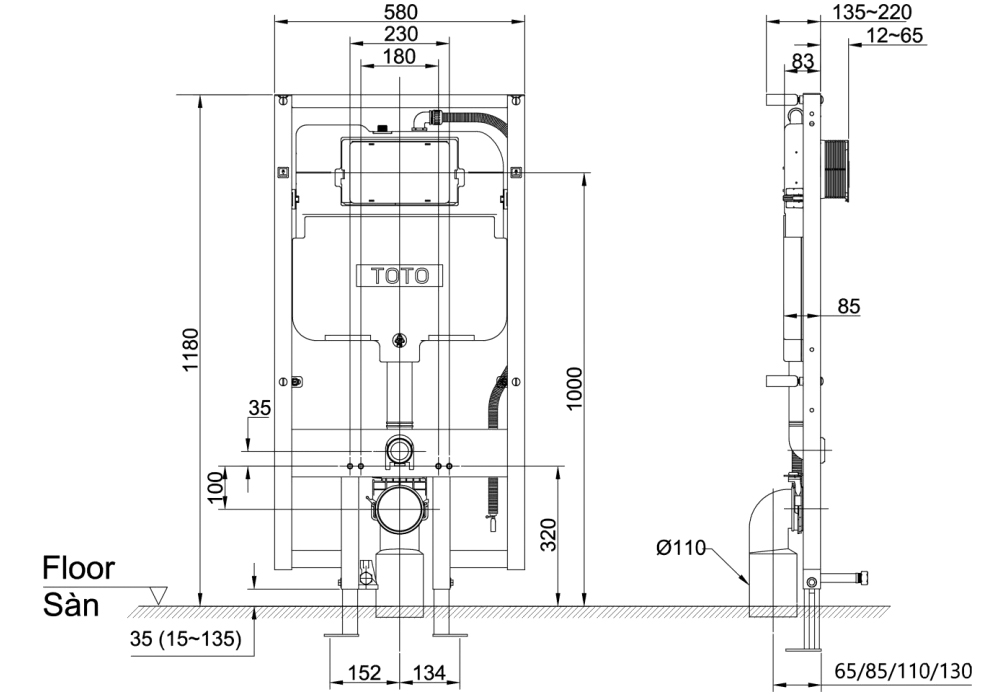 Bản vẽ kỹ thuật k&eacute;t nước &acirc;m tường TOTO WH172AAT