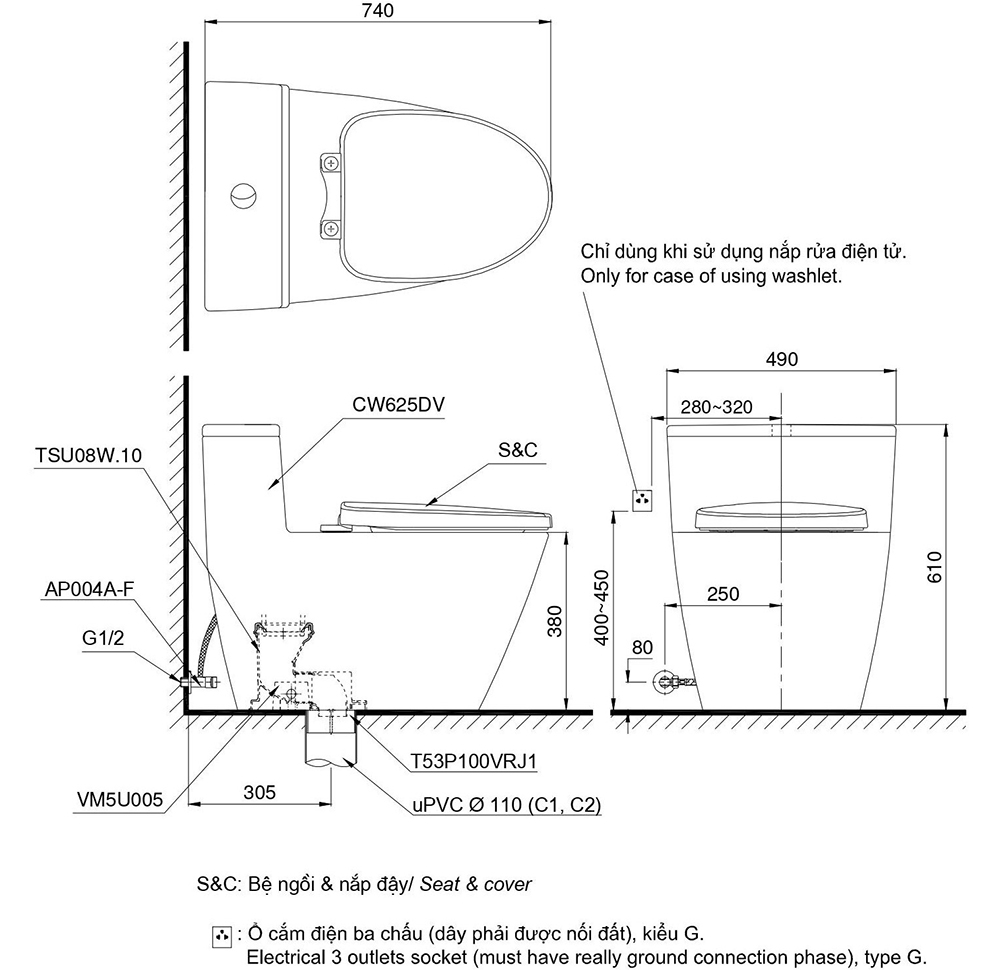 Bản vẽ kỹ thuật bồn cầu TOTO MS625DW16