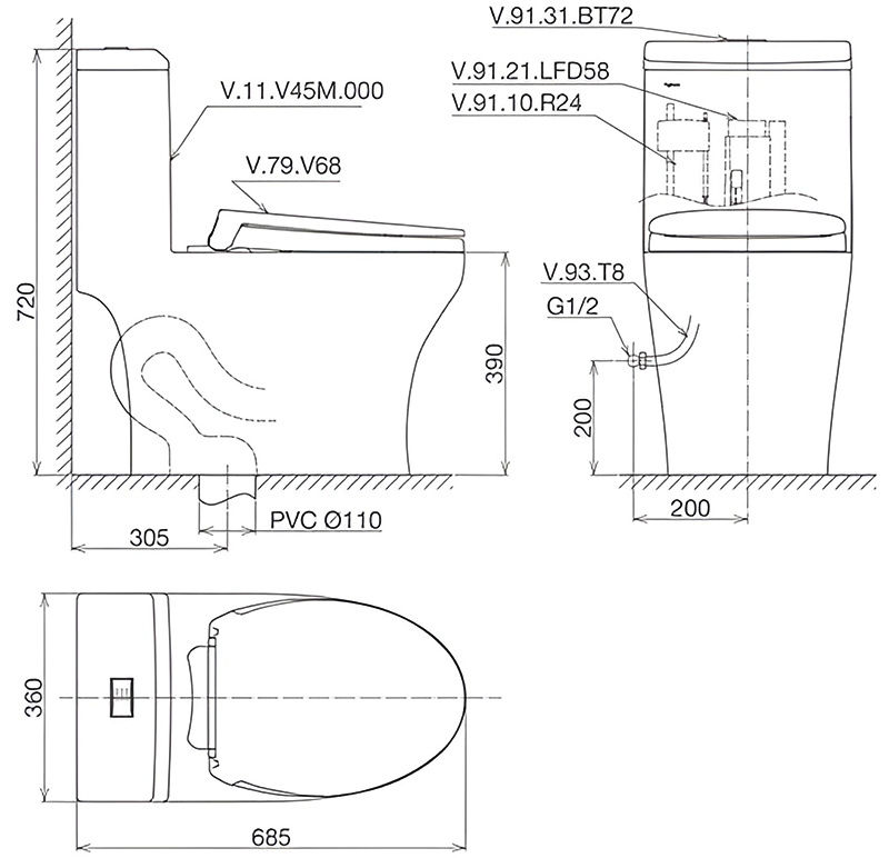 Bản vẽ kỹ thuật bồn cầu Viglacera V45M
