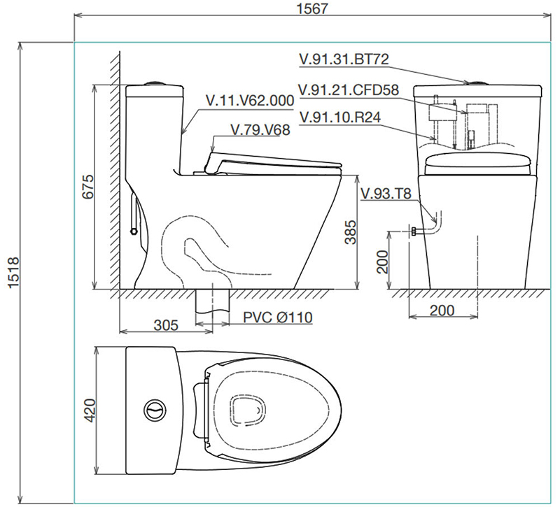 Bản vẽ kỹ thuật bồn cầu Viglacera V62