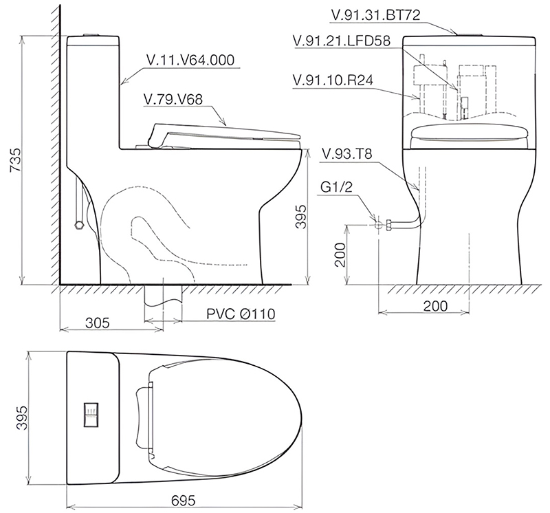Bản vẽ kỹ thuật bồn cầu Viglacera V64