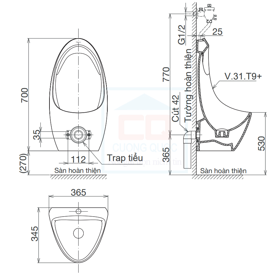 Bản vẽ kỹ thuật tiểu nam Viglacera T9 cấp dương