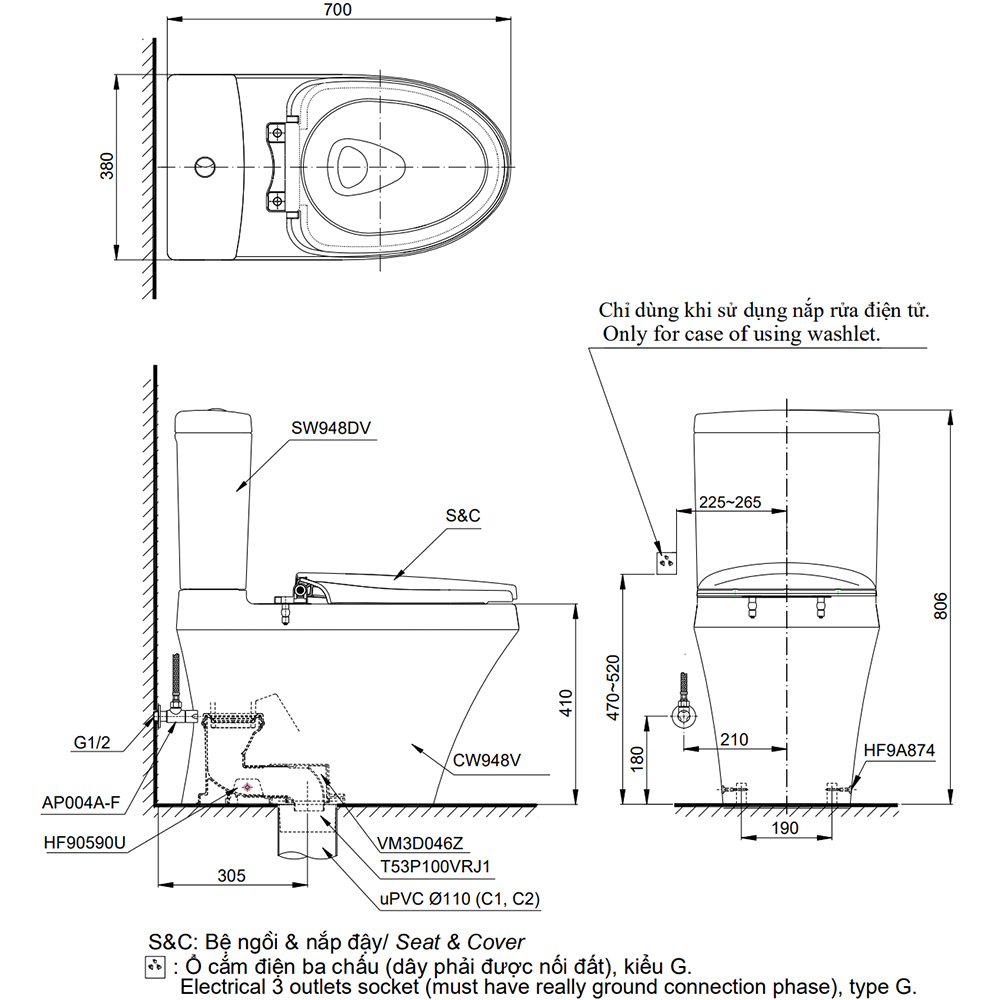 Bản vẽ kỹ thuật bồn cầu TOTO CS948DW14