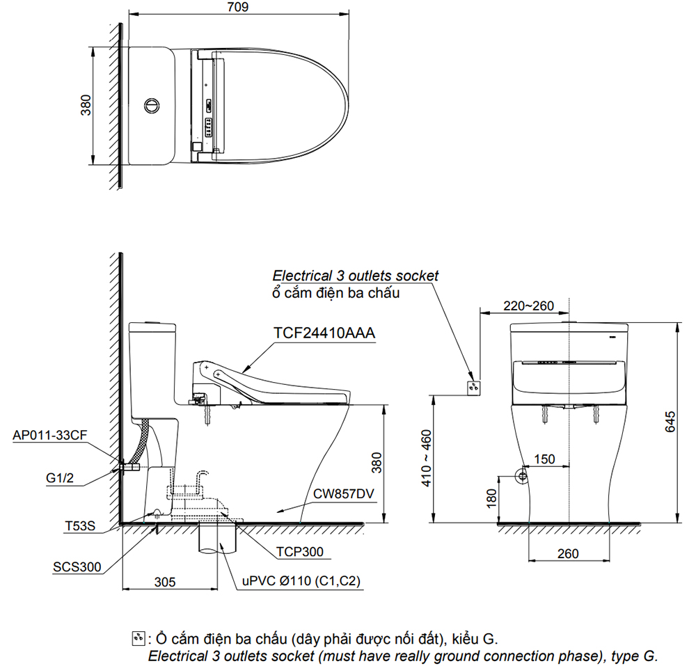 Bản vẽ kỹ thuật bồn cầu TOTO MS857DW14