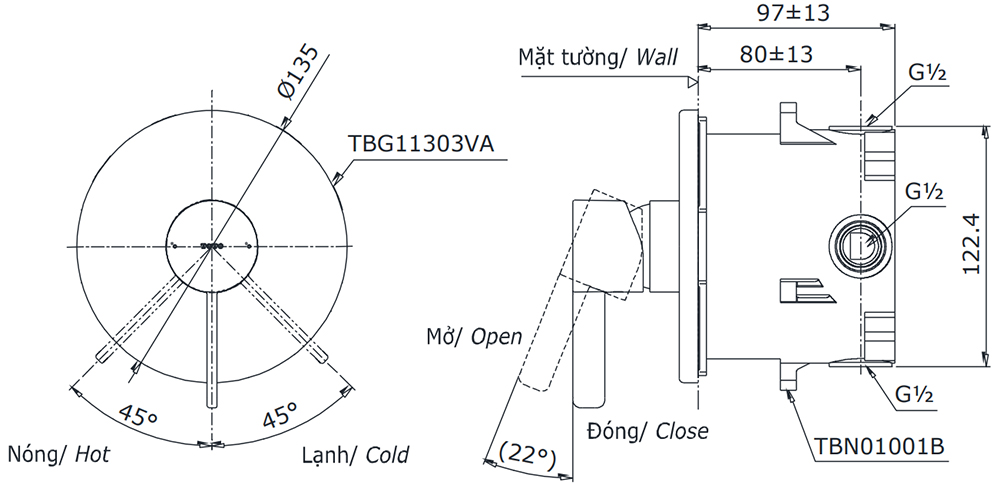 Bản vẽ kỹ thuật van sen TOTO TBG11303V/TBN01001B