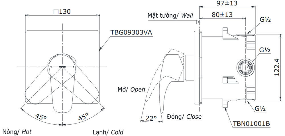 Bản vẽ kỹ thuật van sen TOTO TBG09303VA/TBN01001B