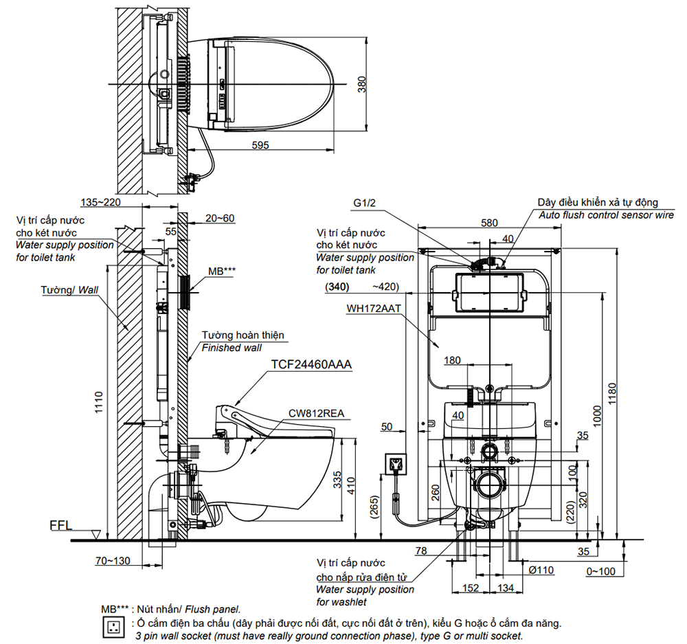 Bản vẽ kỹ thuật bồn cầu TOTO CW812REA/TCF24460AAA/WH172AT/TCA465/MB171M#SS