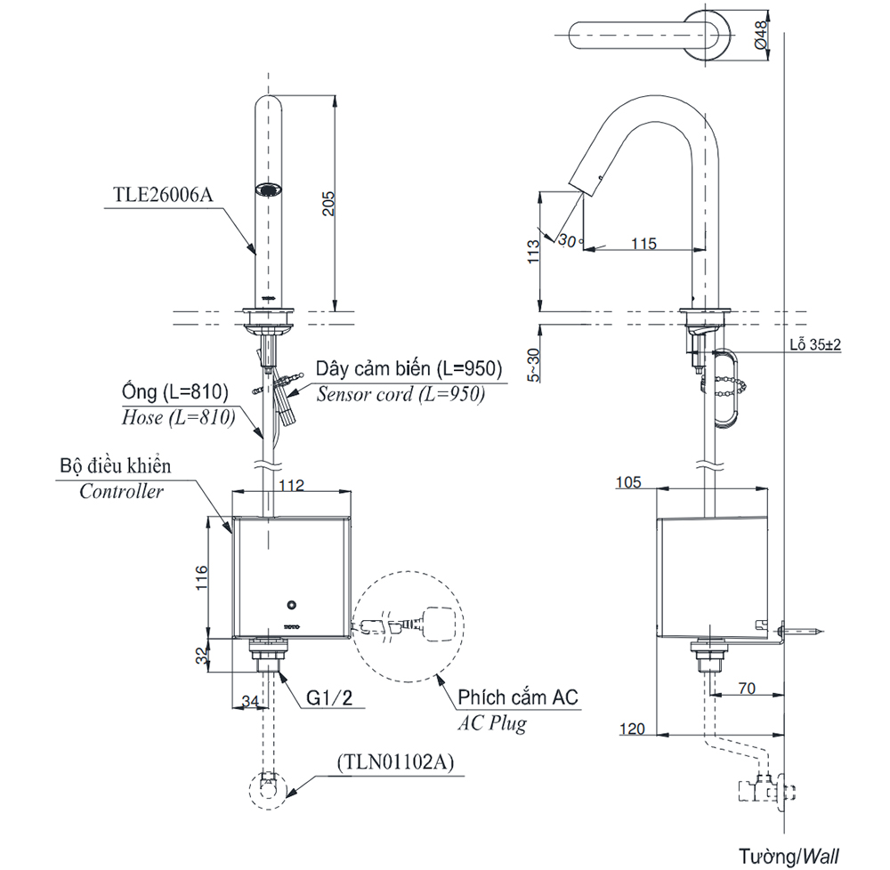 Bản vẽ kỹ thuật vòi lavabo TOTO TLE26006V/TLE04502V/TLN01102A